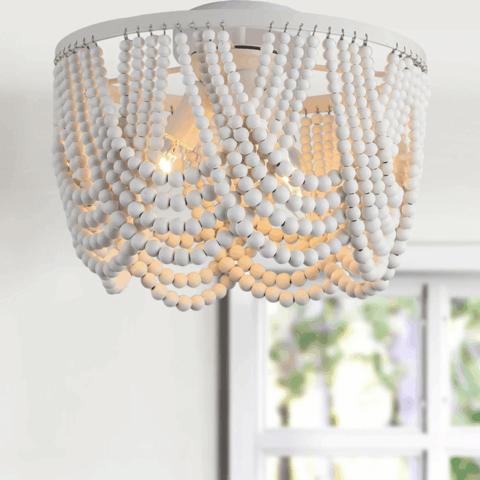 Black 12.6 Inch Wood Bead Chandelier Flush Mount Ceiling Light Fixture 3-Light Boho Light Fixtures Ceiling Farmhouse Chandeliers for Bedroom Dining Room - Image 12