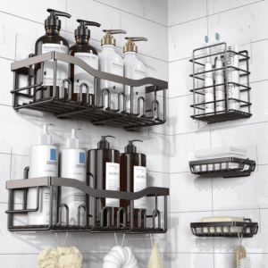 5-Pack Rustproof Stainless Steel Shower Caddy – No Drill Adhesive Bathroom Organizer with Large Capacity, Spacious Shower Shelves for inside Shower, Kitchen & Home Decor Storage