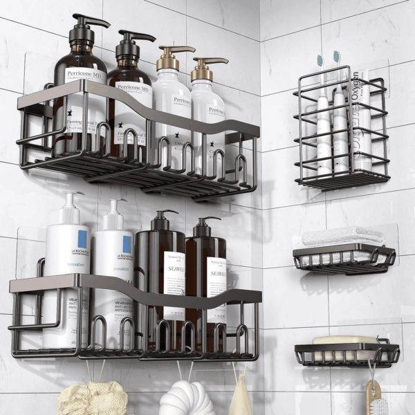 5-Pack Rustproof Stainless Steel Shower Caddy – No Drill Adhesive Bathroom Organizer with Large Capacity, Spacious Shower Shelves for inside Shower, Kitchen & Home Decor Storage