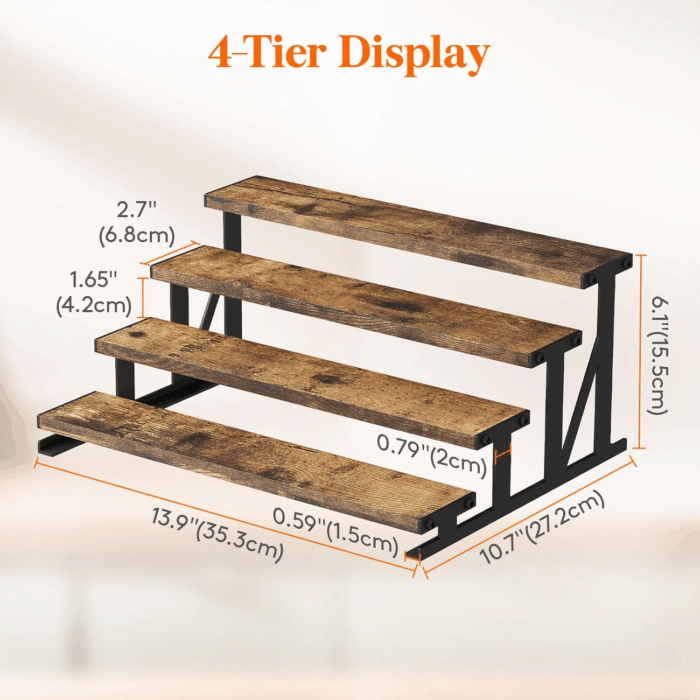 4-Tier Wooden Dispaly Riser with Metal Stand, 13.9 Inch Step Cologne Stand, Perfume Organizer, Display Shelf for Fragrance, Skincare, Figurine, Spice, Tabletop, Cabinet, 1 Set, Rustic Brown - Image 3