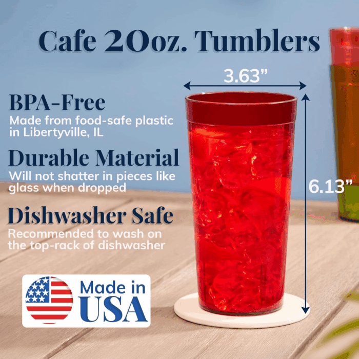 Cafe Plastic Reusable Tumblers (Set of 16) 20-Ounce Water Cups Assorted Colors | Restaurant Style Drinking Glasses Value Set, Stackable, Bpa-Free, Made in the USA | Top-Rack Dishwasher Safe - Image 2