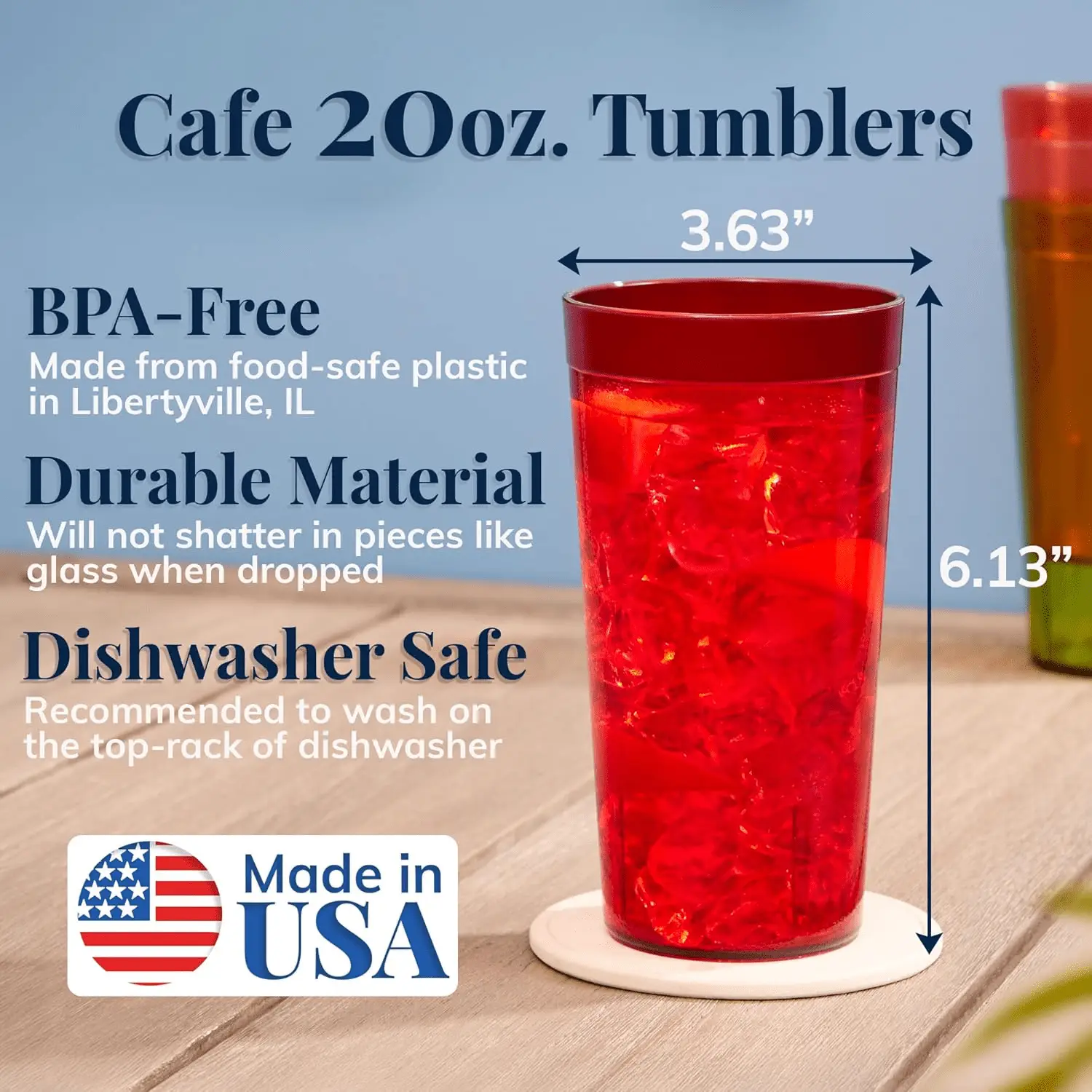 Cafe Plastic Reusable Tumblers (Set of 16) 20-Ounce Water Cups Assorted Colors | Restaurant Style Drinking Glasses Value Set, Stackable, Bpa-Free, Made in the USA | Top-Rack Dishwasher Safe - Image 2