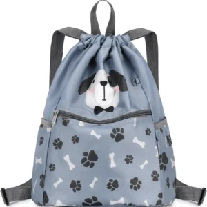 Children Boy Girl Dog Print Drawstring Backpack Outdoor Casaul Portable Shoulder Bag Swim Gymsack Sack Pack Grey