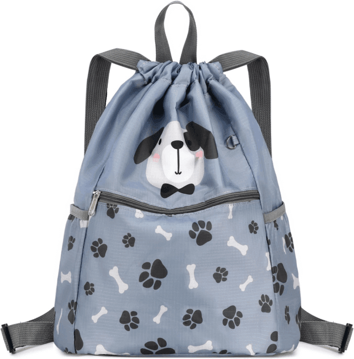 Children Boy Girl Dog Print Drawstring Backpack Outdoor Casaul Portable Shoulder Bag Swim Gymsack Sack Pack Grey