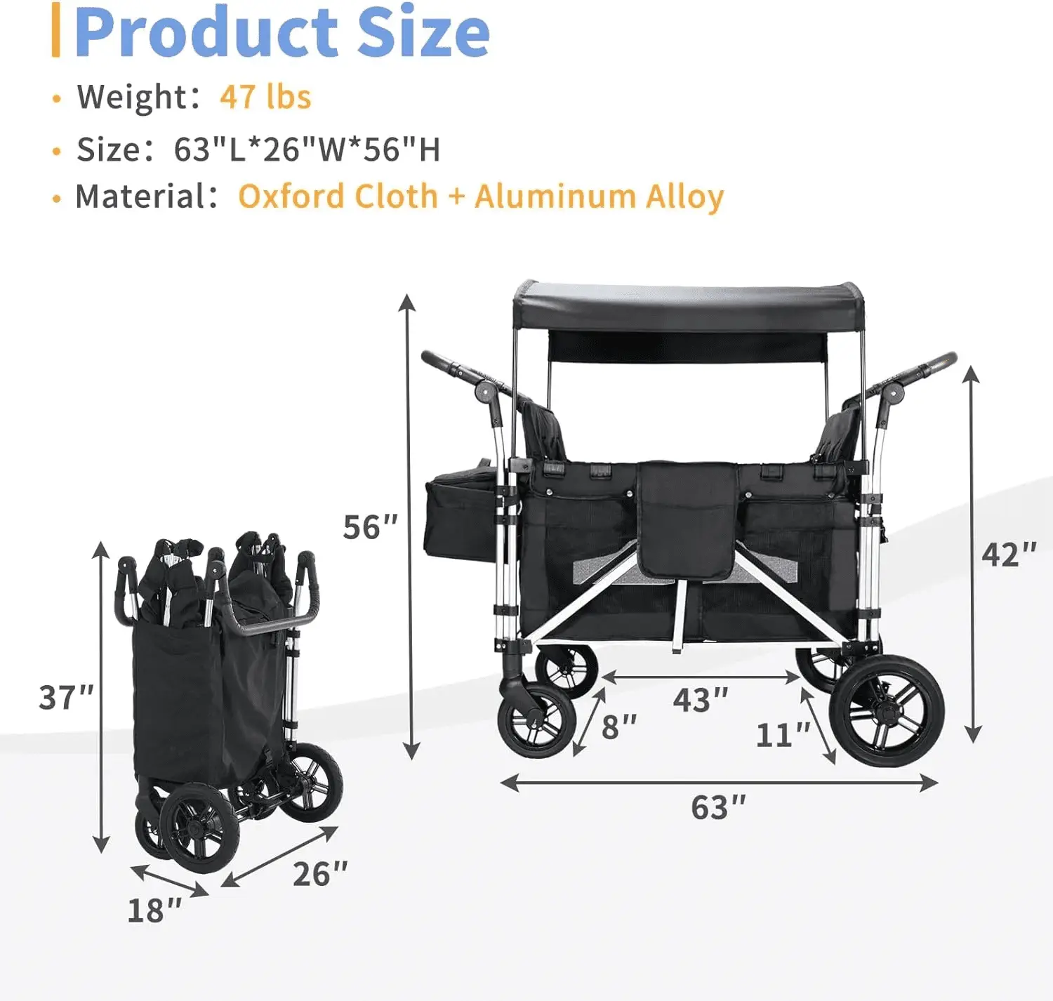 Stroller Wagon for 4 Kids, Wagon Cart Featuring 4 High Seat with 5-Point Harnesses and Adjustable Canopy, Foldable Double Push Bar Wagon Stroller for Garden, Stroller, Camping (Black) - Image 4