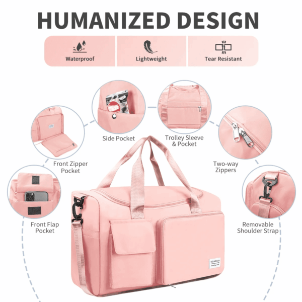 Travel Duffel Bag for Women, Foldable Weekender Overnight Bag with Shoe Compartment, Waterproof Shoulder Sports Tote Gym Bag with Toiletry Bag for Travel, Hospital Holdalls, Pink - Image 7