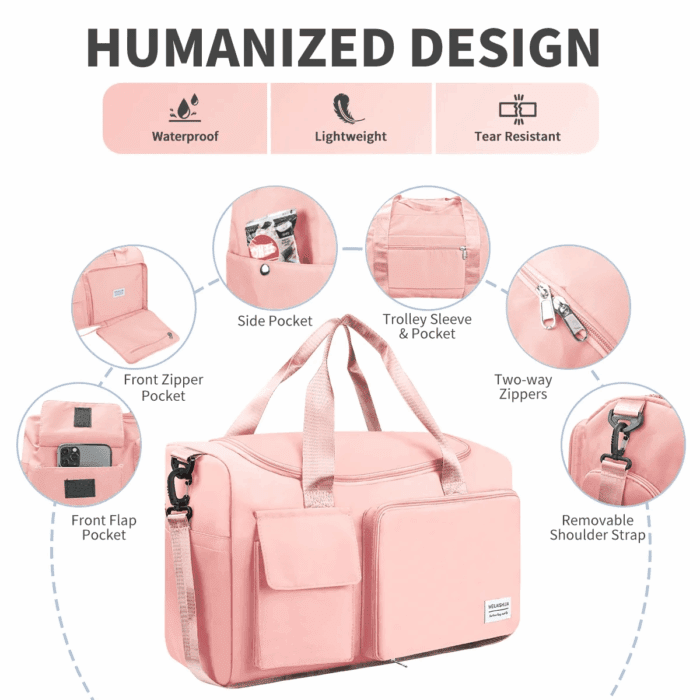 Travel Duffel Bag for Women, Foldable Weekender Overnight Bag with Shoe Compartment, Waterproof Shoulder Sports Tote Gym Bag with Toiletry Bag for Travel, Hospital Holdalls, Pink - Image 7