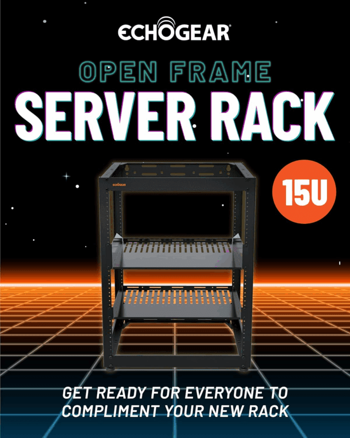15U Open Frame Rack for Servers & AV Gear - Wall Mountable Design Includes 2X Vented Shelves, 25X Rack Mounting Screws, 4X Leveling Feet, 4X Shelf Stops, & 2X Securement Straps - Image 2