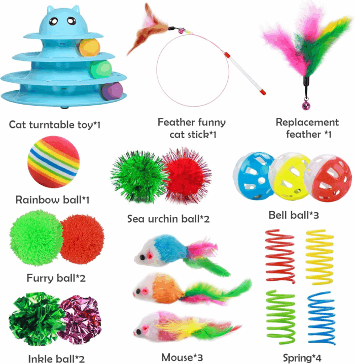 20 PCS Cat Roller Toy 3-Level Turntable for Indoor Cats - Kitten Set with Teaser, Mice, Spring, and Various Ball Toys - Image 3
