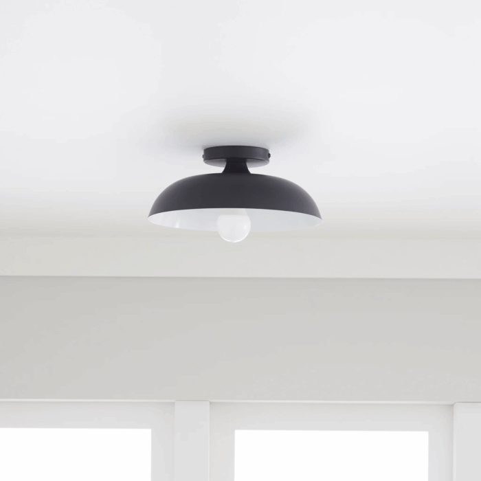 Contemporary 1-Light Flush Mount, Matte Black Finish, White Inner Shade - Image 3
