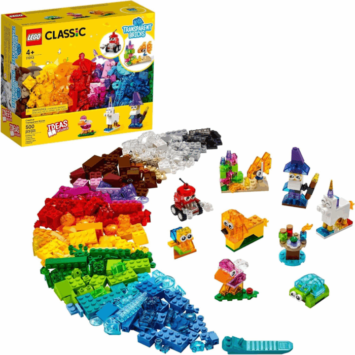 Classic Creative Transparent Bricks Building Set 11013 for Girls and Boys, STEM Toy and Preschool Hands-On Learning Toy, Includes Wizard, Unicorn, Lion, Bird, and Turtle