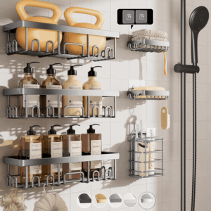 Stainless Steel Shower Caddy 6-Pack, Ideal for Gift, Large Wall Mounted Shower Rack, Bathroom Shelves over Toilet, Organizer Storage Accessories with Soap Dish & Toothbrush Holder, Silver