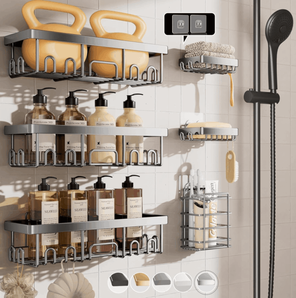 Stainless Steel Shower Caddy 6-Pack, Ideal for Gift, Large Wall Mounted Shower Rack, Bathroom Shelves over Toilet, Organizer Storage Accessories with Soap Dish & Toothbrush Holder, Silver