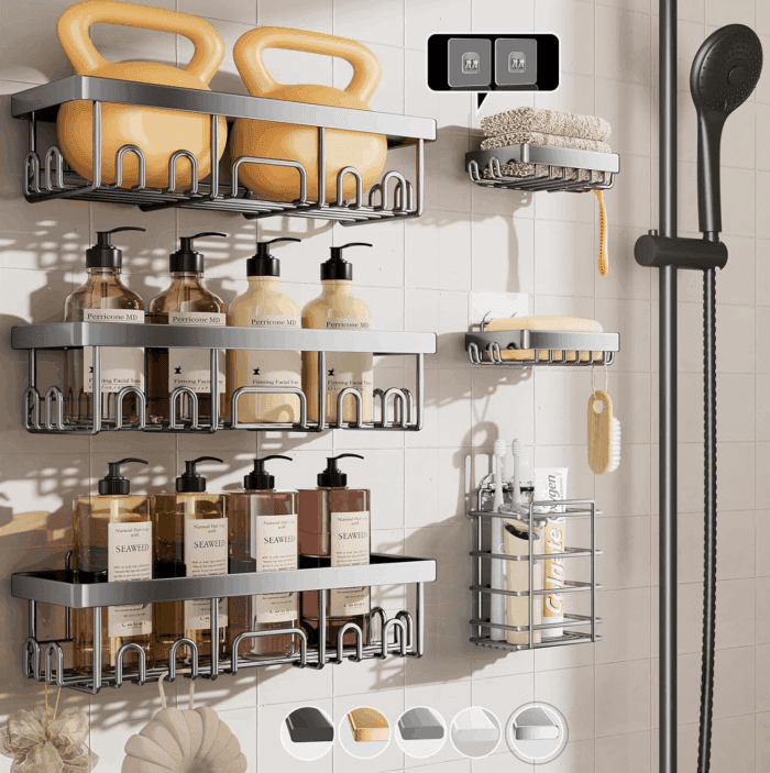 Stainless Steel Shower Caddy 6-Pack, Ideal for Gift, Large Wall Mounted Shower Rack, Bathroom Shelves over Toilet, Organizer Storage Accessories with Soap Dish & Toothbrush Holder, Silver