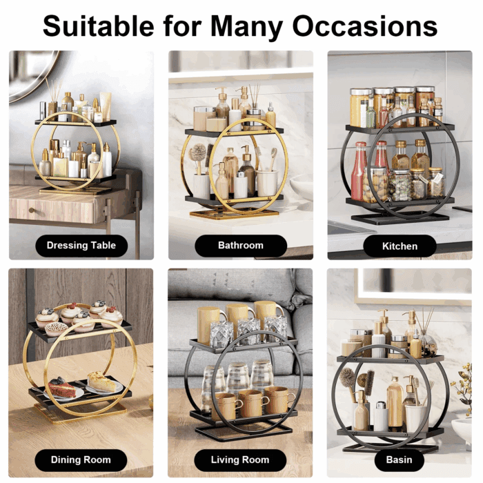 2 Tier Anti-Slip & Anti-Sway Perfume Organizer for Dresser, Solid Carbon Steel Perfume Stand with Silicone Anti-Slip Strips, Multifunction Perfume Display for Lotion, Cosmetic, Skincare, Gold - Image 2