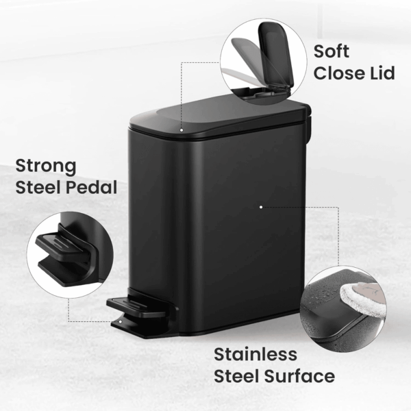 Small Bathroom Trash Can with Lid Soft Close, Step Pedal, 6 Liter / 1.6 Gallon Stainless Steel Garbage Can with Removable Inner Bucket, Anti-Fingerprint Finish (Matt Black) - Image 4