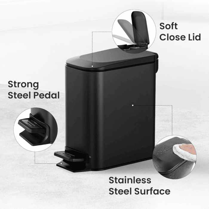 Small Bathroom Trash Can with Lid Soft Close, Step Pedal, 6 Liter / 1.6 Gallon Stainless Steel Garbage Can with Removable Inner Bucket, Anti-Fingerprint Finish (Matt Black) - Image 4