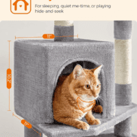 Cat Tree, 61-Inch Cat Tower for Indoor Cats, Plush Multi-Level Cat Condo with 5 Scratching Posts, 2 Perches, 2 Caves, Hammock, 2 Pompoms, Light Gray UPCT192W01 - Image 4