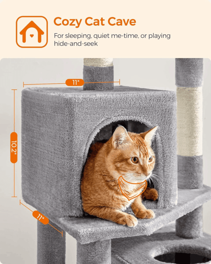Cat Tree, 61-Inch Cat Tower for Indoor Cats, Plush Multi-Level Cat Condo with 5 Scratching Posts, 2 Perches, 2 Caves, Hammock, 2 Pompoms, Light Gray UPCT192W01 - Image 4