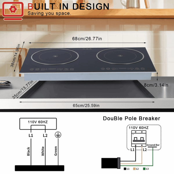 Electric Ceramic Cooktop,26.8 Inch 2 Burners Built-In Countertop Burners Cooker,2200W Electric Stove,11 Power Levels, Kids Lock & Timer,Led Touch Control,Overheat - Image 3
