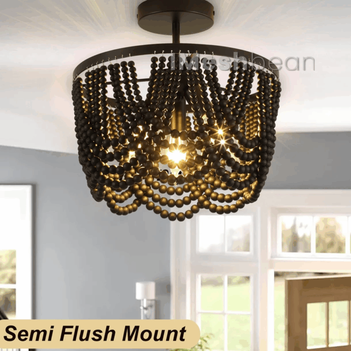 Black 12.6 Inch Wood Bead Chandelier Flush Mount Ceiling Light Fixture 3-Light Boho Light Fixtures Ceiling Farmhouse Chandeliers for Bedroom Dining Room - Image 8