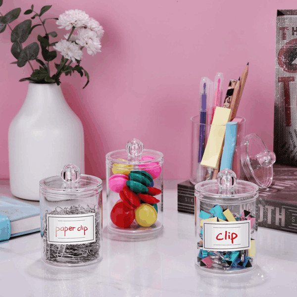 4 Pack Acrylic Qtip Holder Dispenser for Cotton Swabs, Balls, Pads, Floss Picks- Small Clear Plastic Canister Apothecary Jar Set, Bathroom Essentials Accessories Decor, Vanity Makeup Storage Organizer - Image 5