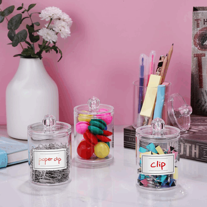 4 Pack Acrylic Qtip Holder Dispenser for Cotton Swabs, Balls, Pads, Floss Picks- Small Clear Plastic Canister Apothecary Jar Set, Bathroom Essentials Accessories Decor, Vanity Makeup Storage Organizer - Image 5