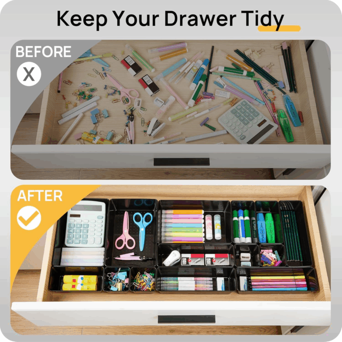 25 PCS Office Desk Drawer Organizers Set, 4-Size Versatile Plastic Drawer Organizer Trays, Storage Bins for Desk Accessories Office Organizers and Storage, Bathroom, Makeup, Vanity, Black - Image 2