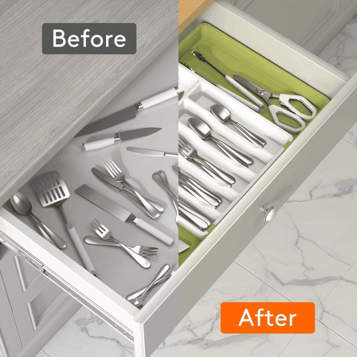 Silverware Drawer Organizer, Expandable Utensil Tray for Kitchen, BPA Free Flatware and Cutlery Holder, Adjustable Plastic Storage for Spoons Forks Knives, Large, Green&White - Image 6