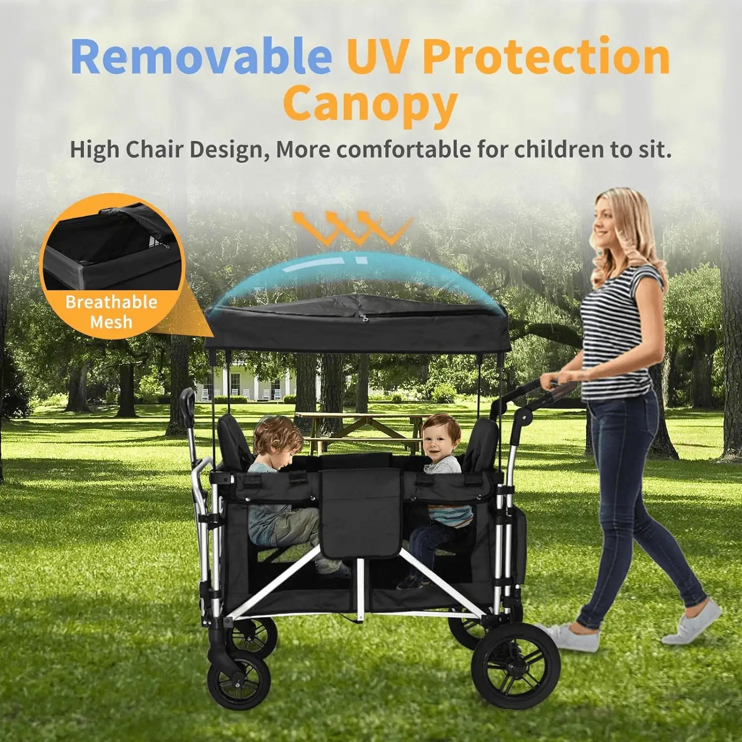 Stroller Wagon for 2 Kids, Wagon Stroller with 2 High Seat, 5-Point Harnesses, Adjustable Canopy, Foldable Stroller Wagon 2 Passenger for Garden, Stroller, Camping, Grocery Cart - Image 6