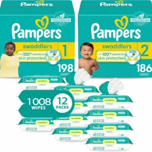 Baby Diapers and Wipes Starter Kit, Swaddlers Disposable Sizes 1 (198 Count) & 2 (186 Count) with Sensitive Water Based 12X Multi Pack Pop-Top Refill (1008 Count)