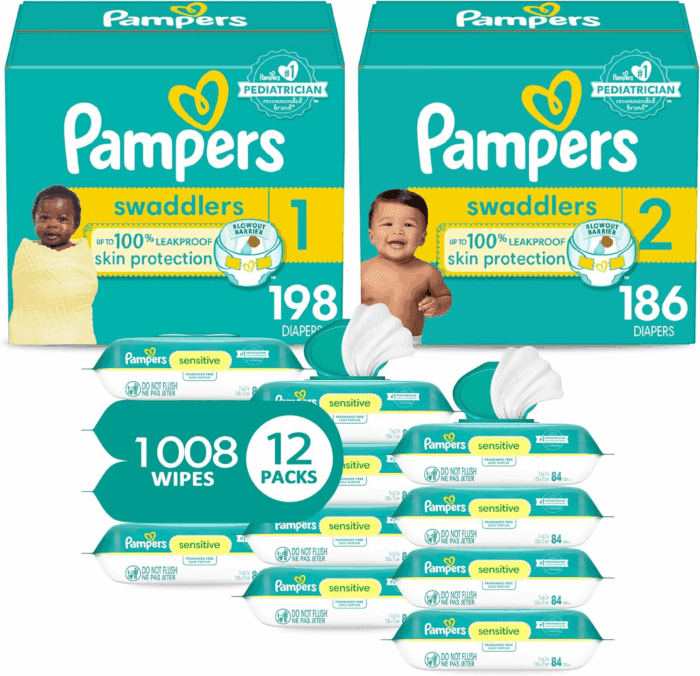 Baby Diapers and Wipes Starter Kit, Swaddlers Disposable Sizes 1 (198 Count) & 2 (186 Count) with Sensitive Water Based 12X Multi Pack Pop-Top Refill (1008 Count)