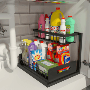under Sink Organizer, Pull Out Cabinet Storage 2 Tier Slide Out Sink Shelf, Kitchen Organizers and Storage, Black, 1 Pack
