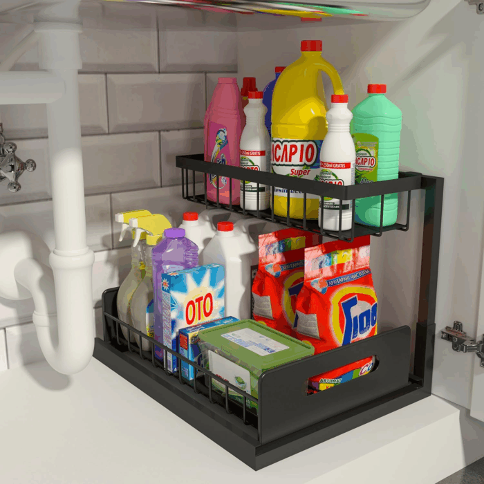 under Sink Organizer, Pull Out Cabinet Storage 2 Tier Slide Out Sink Shelf, Kitchen Organizers and Storage, Black, 1 Pack