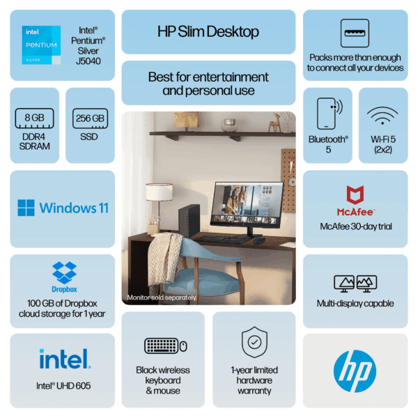 Slim Desktop Tower, Intel Pentium, 8GB Memory, 256GB SSD, Windows 11 Home, Black, S01-Af2023W - Image 2