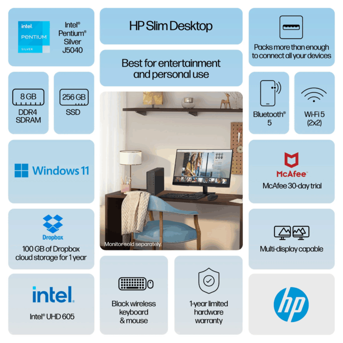 Slim Desktop Tower, Intel Pentium, 8GB Memory, 256GB SSD, Windows 11 Home, Black, S01-Af2023W - Image 2