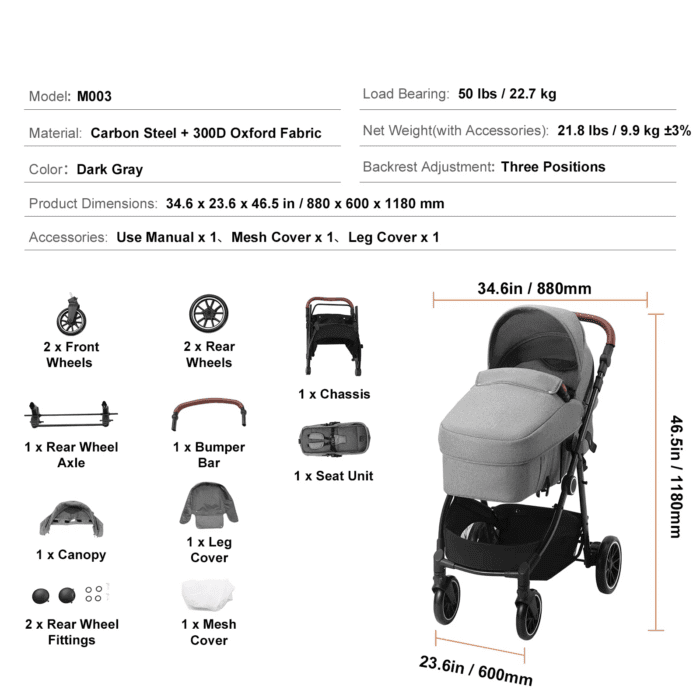 2 in 1 Convertible Baby Stroller, Foldable Infant Newborn Bassinet Pram, Unisex Travel Stroller for Newborn Baby, Dark Grey - Image 7