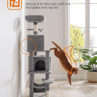 Cat Tree, 61-Inch Cat Tower for Indoor Cats, Plush Multi-Level Cat Condo with 5 Scratching Posts, 2 Perches, 2 Caves, Hammock, 2 Pompoms, Light Gray UPCT192W01 - Image 7