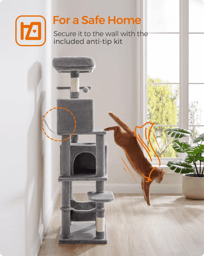 Cat Tree, 61-Inch Cat Tower for Indoor Cats, Plush Multi-Level Cat Condo with 5 Scratching Posts, 2 Perches, 2 Caves, Hammock, 2 Pompoms, Light Gray UPCT192W01 - Image 7