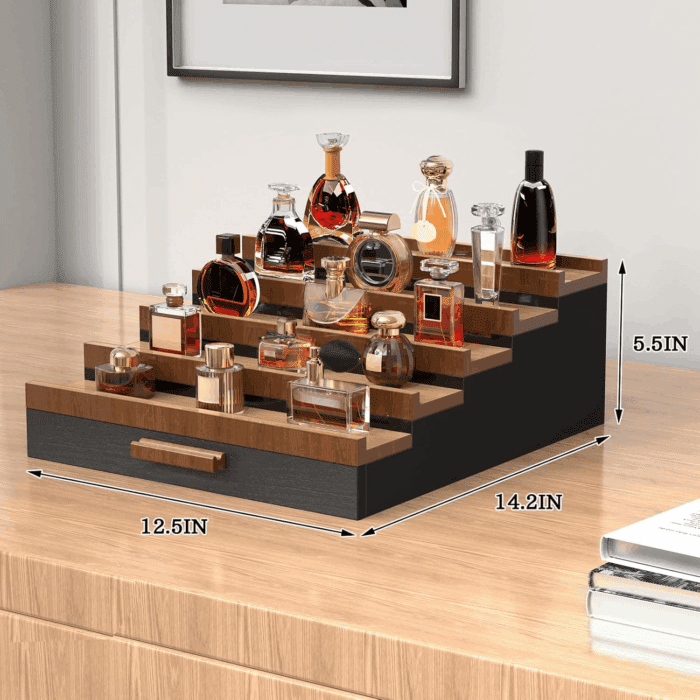 Zalida Wooden Cologne Organizer for Men 5 Tier of Perfume Display Holder of Drawer & 2 Hidden Compartments Larger Storage Space Mens Perfume Organizer Shelf Stand,Gift for Man (5T-Black Walnut) - Image 4