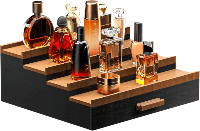 Cologne Organizer for Men 4 Tier of Elevated Cologne Display Shelf with Drawer Storage Perfume Organization and Storage Display Risers,Great Gift for Man(4Tier-Blackwalnut)