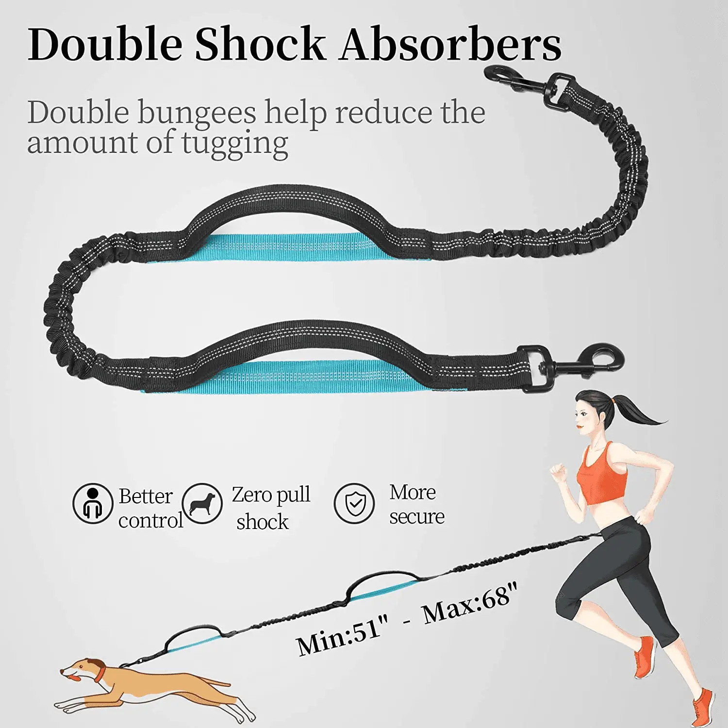 Hands Free Dog Leash with Zipper Pouch, Dual Padded Handles and Durable Bungee for Walking, Jogging and Running Your Dog (Large, 25-120 Lbs, Black) - Image 5