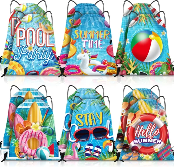 12 Pcs Pool Beach Drawstring Bags Summer Drawstring Backpack Beach Ball String Birthday Bag Pool Party Decoration (Classic)