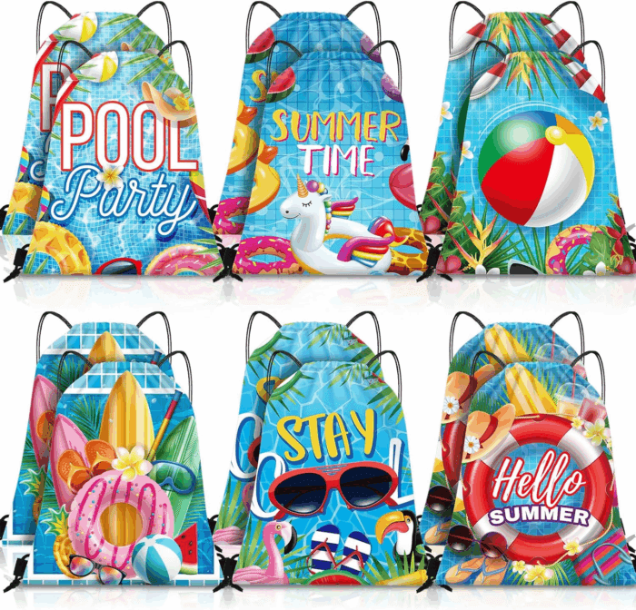 12 Pcs Pool Beach Drawstring Bags Summer Drawstring Backpack Beach Ball String Birthday Bag Pool Party Decoration (Classic)
