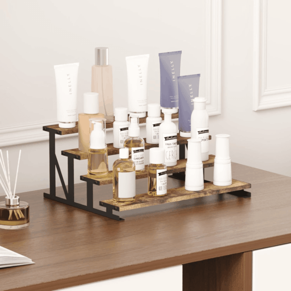 4-Tier Wooden Dispaly Riser with Metal Stand, 13.9 Inch Step Cologne Stand, Perfume Organizer, Display Shelf for Fragrance, Skincare, Figurine, Spice, Tabletop, Cabinet, 1 Set, Rustic Brown - Image 7