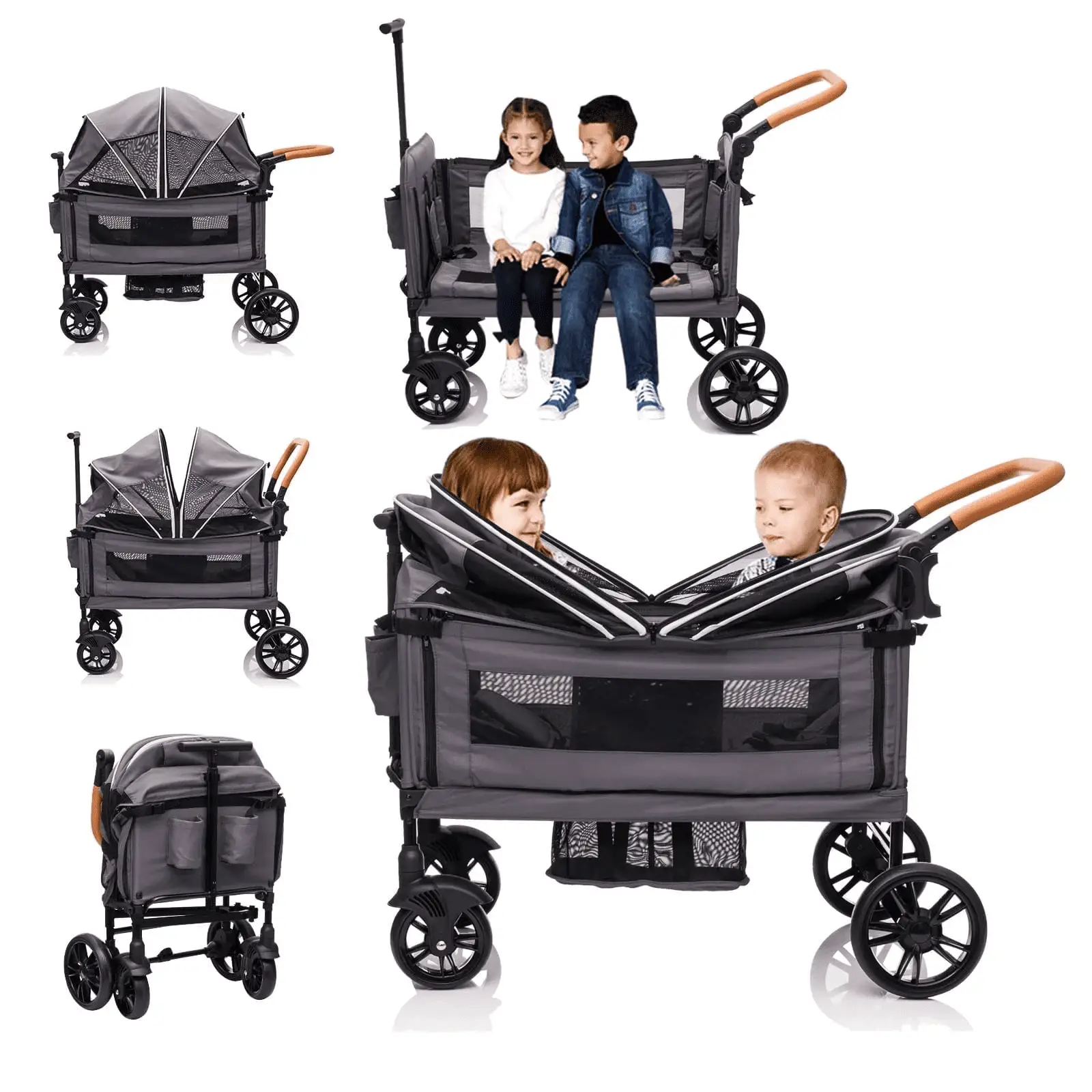 Wagon Stroller for 2 Kids - Push-Pull Double Lightweight Folding Stroller for Toddler