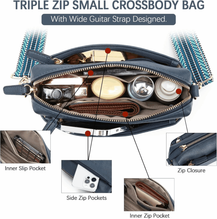 Small Crossbody Purse for Women Triple Zip Cell Phone Leather Handbag with Colored Shoulder Strap - Image 6