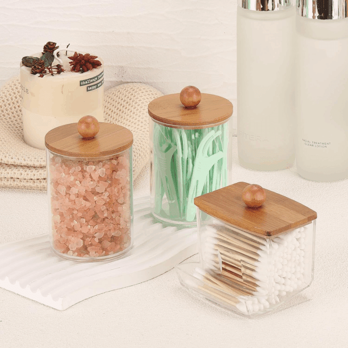 Qtips Holder Dispenser, 10/7 Oz Cotton Ball/Swabs Storage Containers, Apothecary Jars for Bathroom Organizer Bambooo Lids - Image 6
