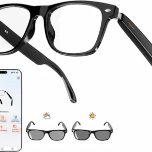 AI Translator Smart Glasses for Men Women, Bluetooth Audio Glasses with Photochromic Transition Lenses, Voice Assistant, Open Ear Lighweight Eyeware, Black