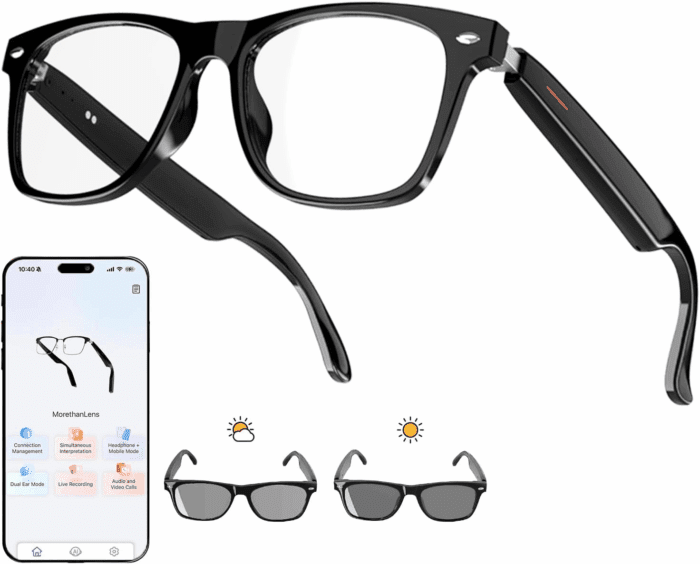 AI Translator Smart Glasses for Men Women, Bluetooth Audio Glasses with Photochromic Transition Lenses, Voice Assistant, Open Ear Lighweight Eyeware, Black